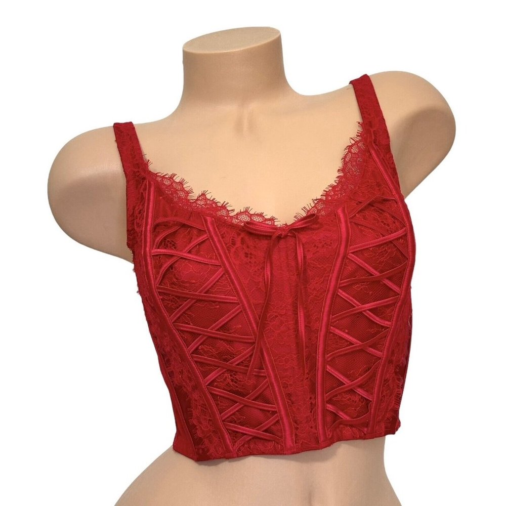 VICTORIA’S SECRET MEDIUM - DD Dream Angels Unlined‎ Bra Lace Up Corset Top Red
